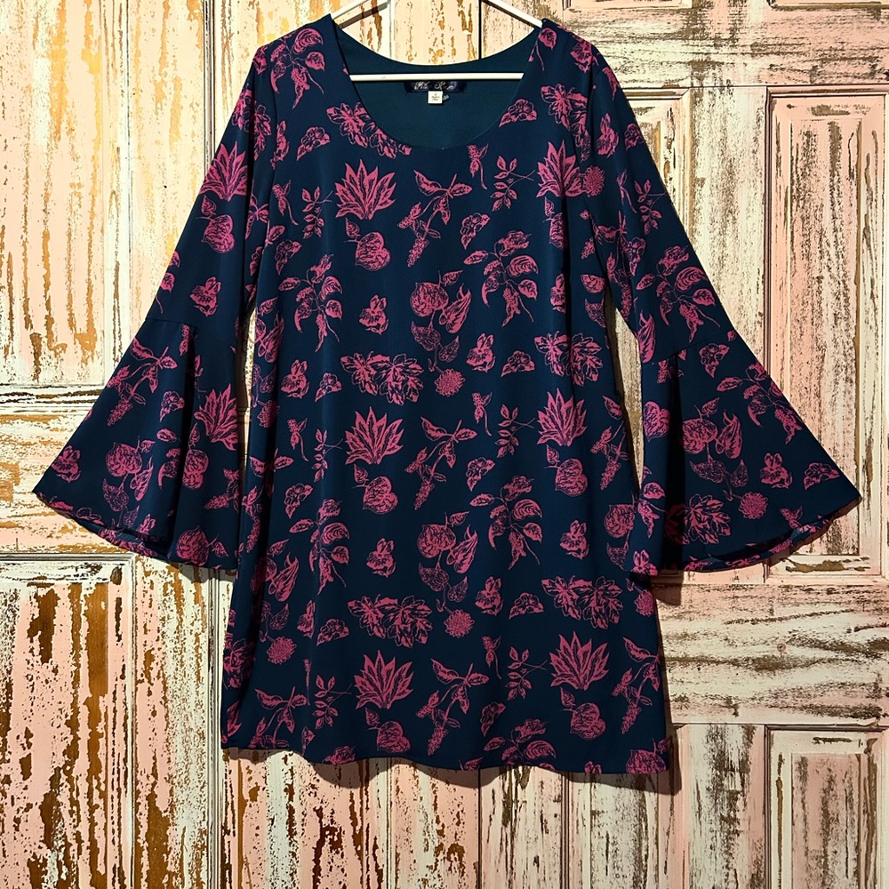 Blue Rain Navy Midi Dress with Pink Floral Print